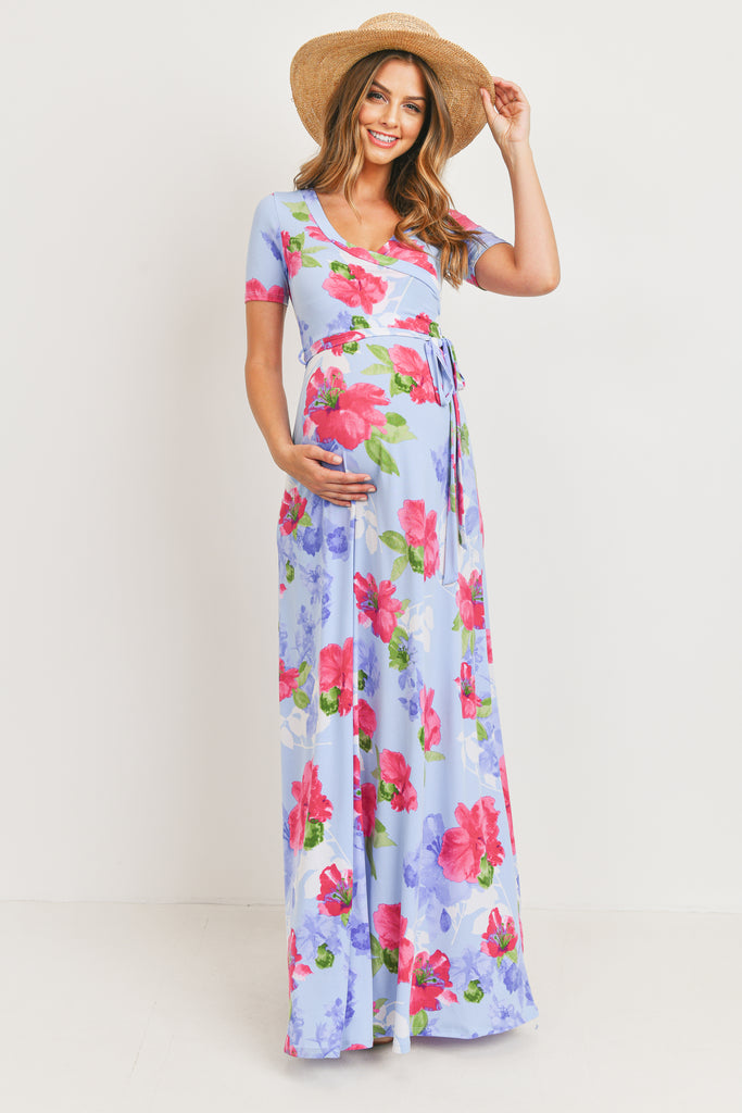 Chambray Floral Ity Jersey Maternity/Nursing Maxi Dress