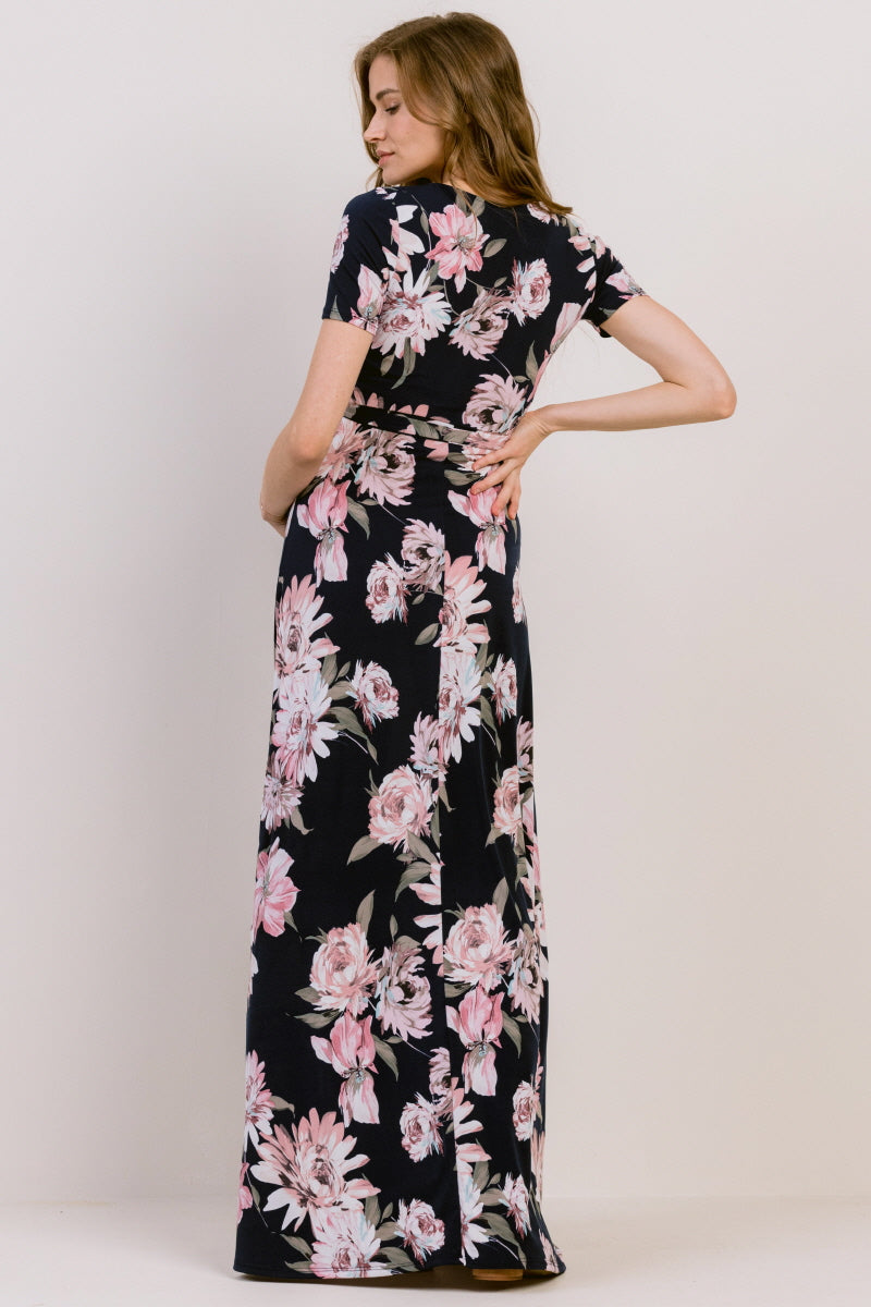 Navy Floral Ity Jersey Maternity/Nursing Maxi Dress