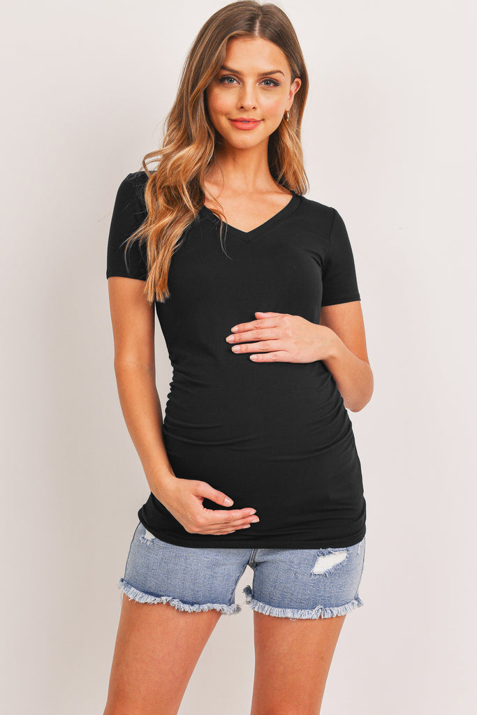 Black V-Neck Side Ruched Maternity Basic Top