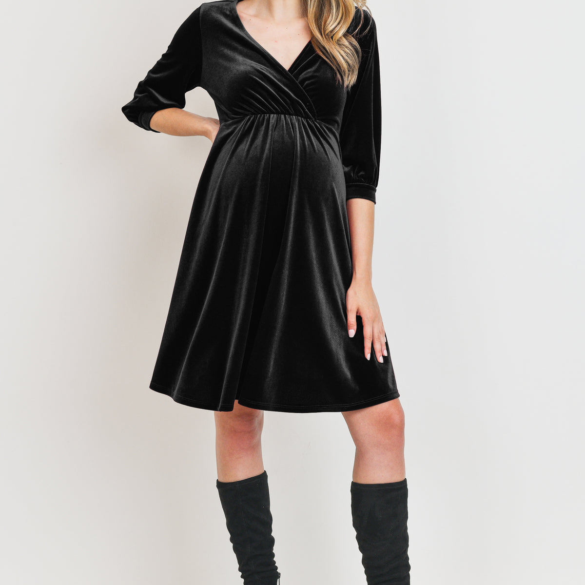 Black Stretch Velvet V-Neck Maternity/Nursing Dress