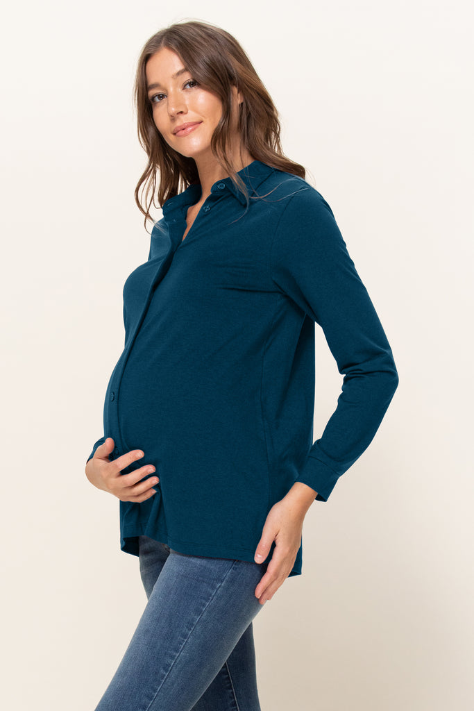 Teal Viscose/Cotton Blend Jersey Long Sleeve Maternity Blouse