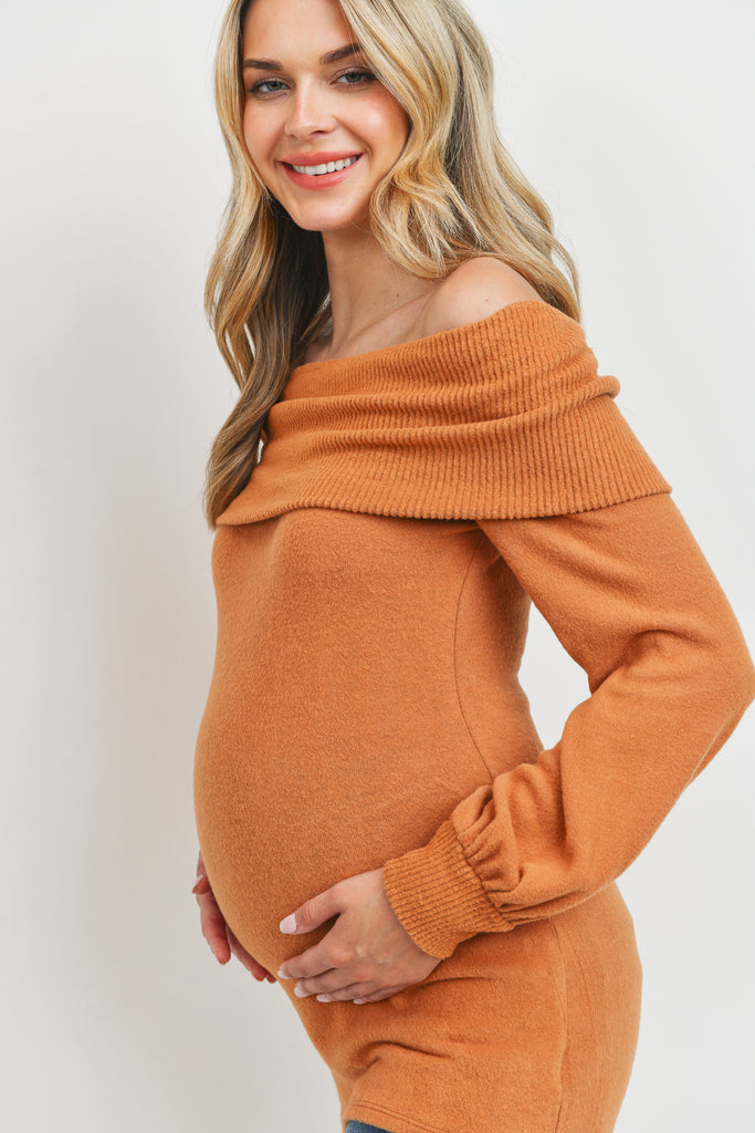 Rust Cashmere Like Sweater Knit Off Shoulder Top
