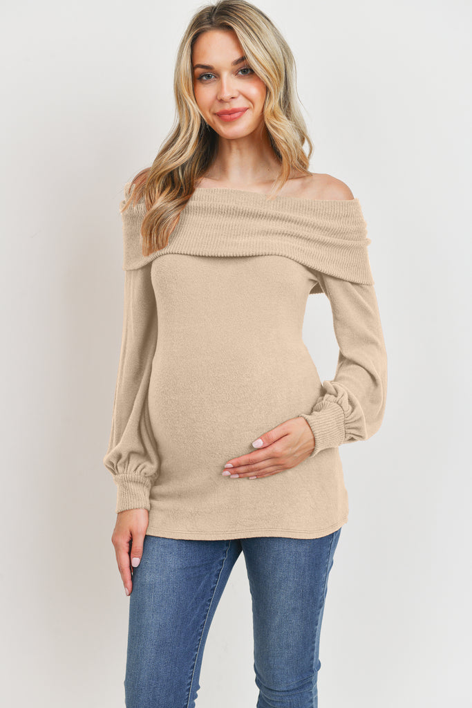 Taupe Cashmere Like Sweater Knit Off Shoulder Top