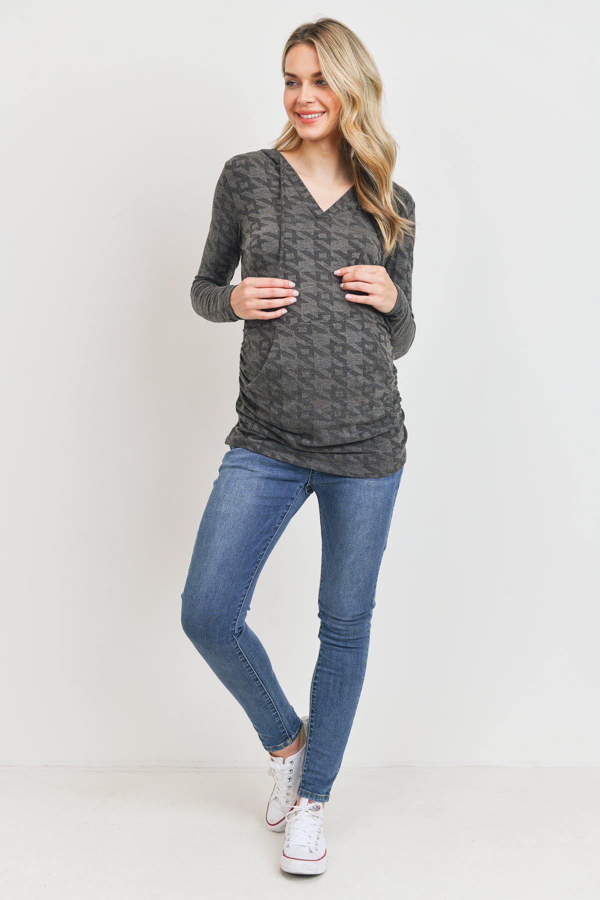 Black V-Neck Maternity Pullover Hoodie
