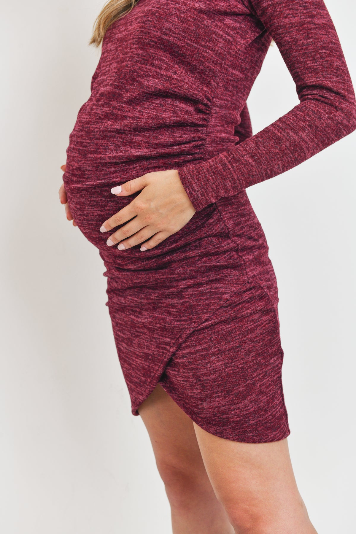 Burgundy Two-Tone Hacci Knit Tulip Hem Maternity Dress