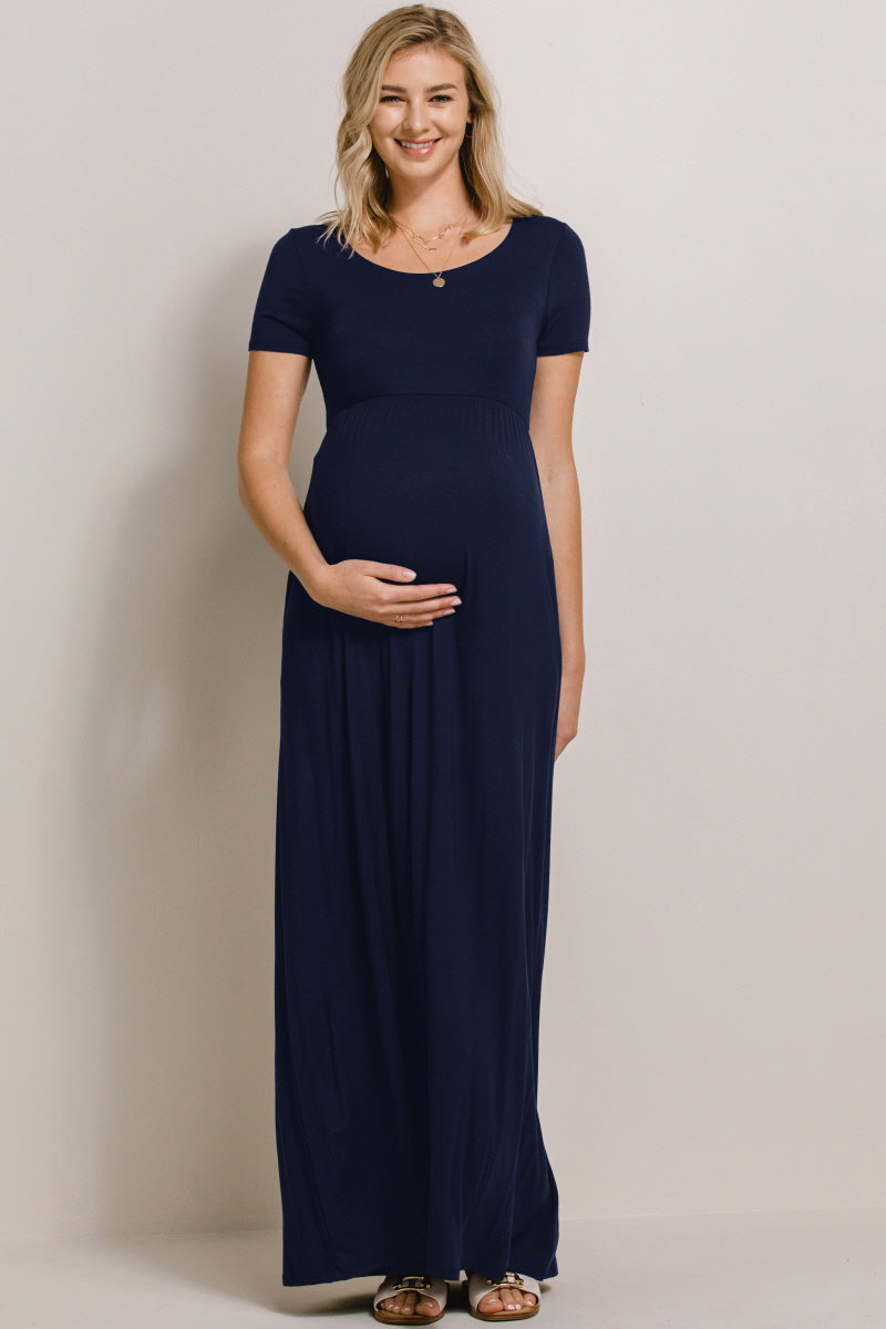 Navy Round Neck Maternity Maxi Flared Dress