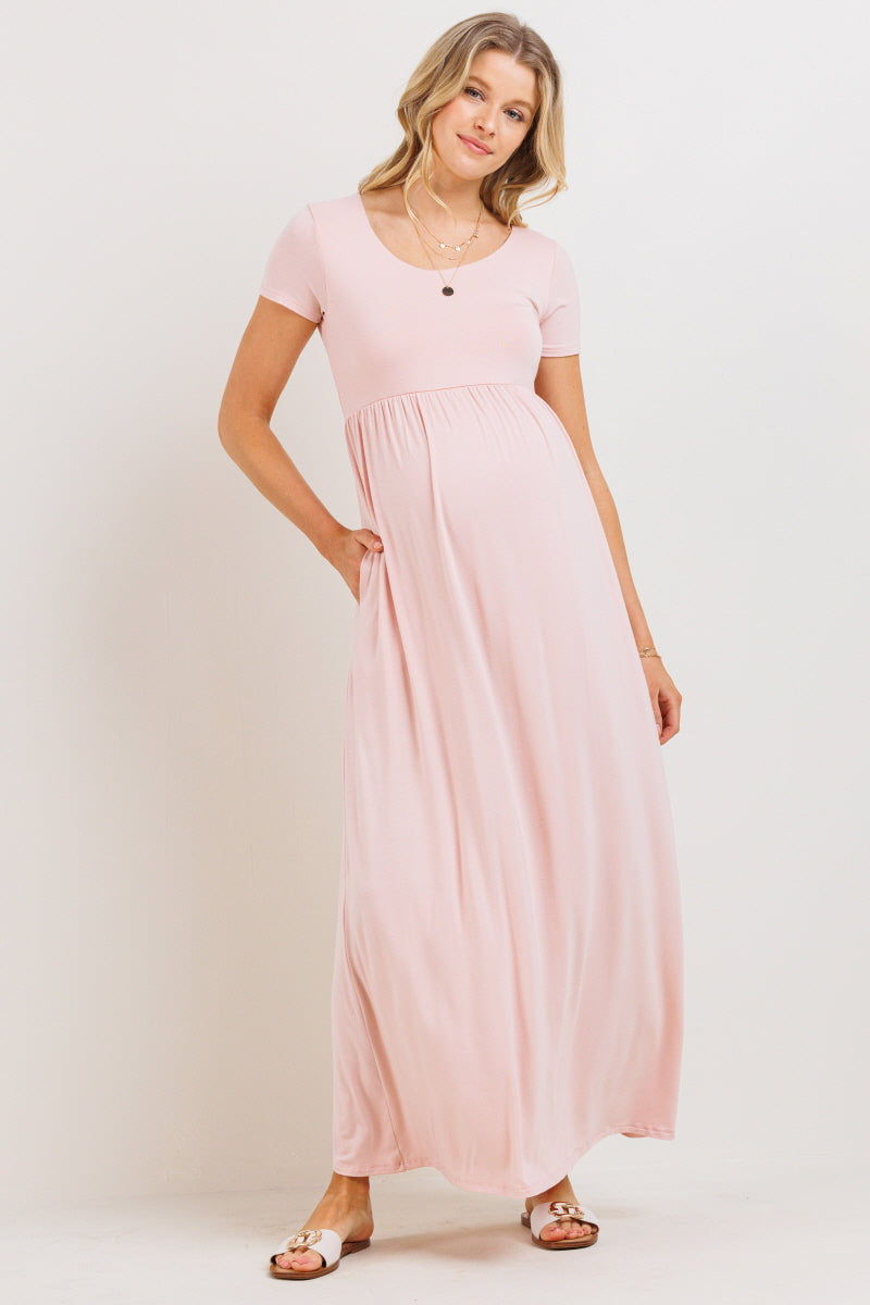 Blush Solid Round Neck Maternity Maxi Flared Dress