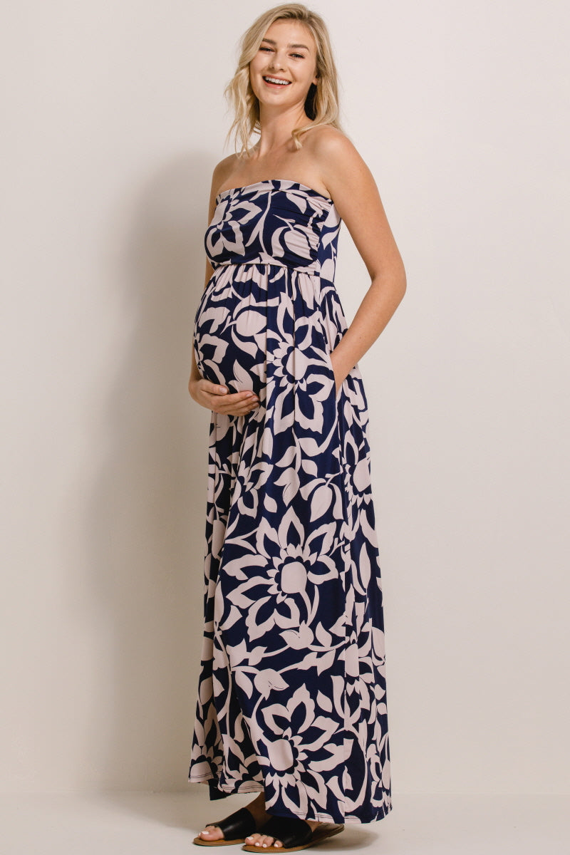 Navy/Taupe Floral Ruched Tube Top Maternity Maxi Dress
