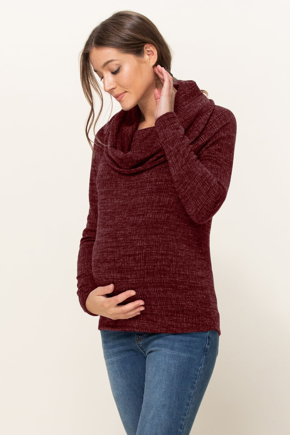 Burgundy Cowl Neck Sweater Knit Maternity Top