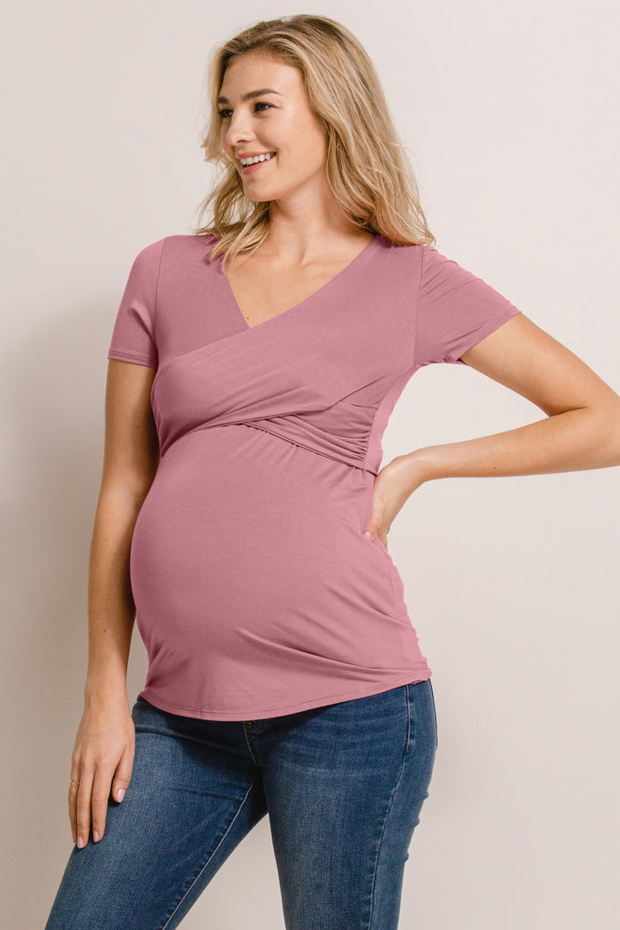 Mauve V-Neck Wrap Maternity/Nursing Top