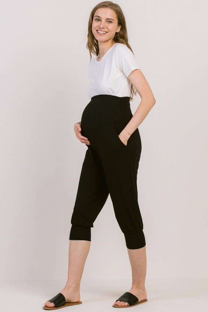 Black Side Pocket Maternity Capri Jogger Pants