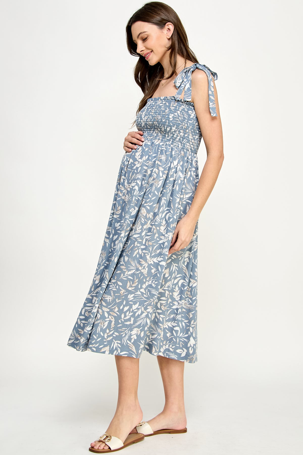 Denim Tropical Print Tie Sleeve Smocking Maternity Midi Dress