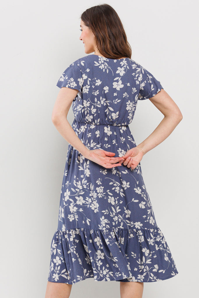 Denim Floral V-Neck Midi Maternity Dress with a Ruffled Hem
