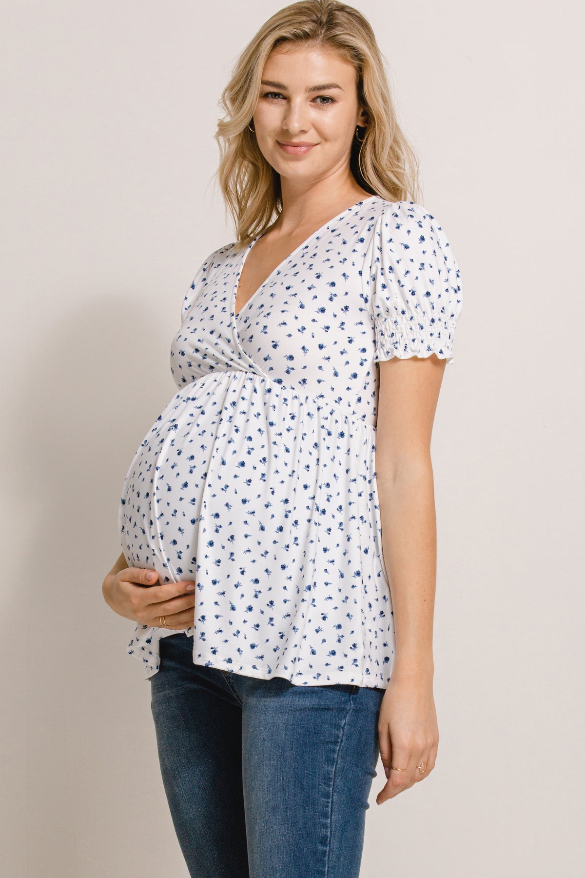 White Ditsy Floral V-Neck Wrapped Maternity/Nursing Top