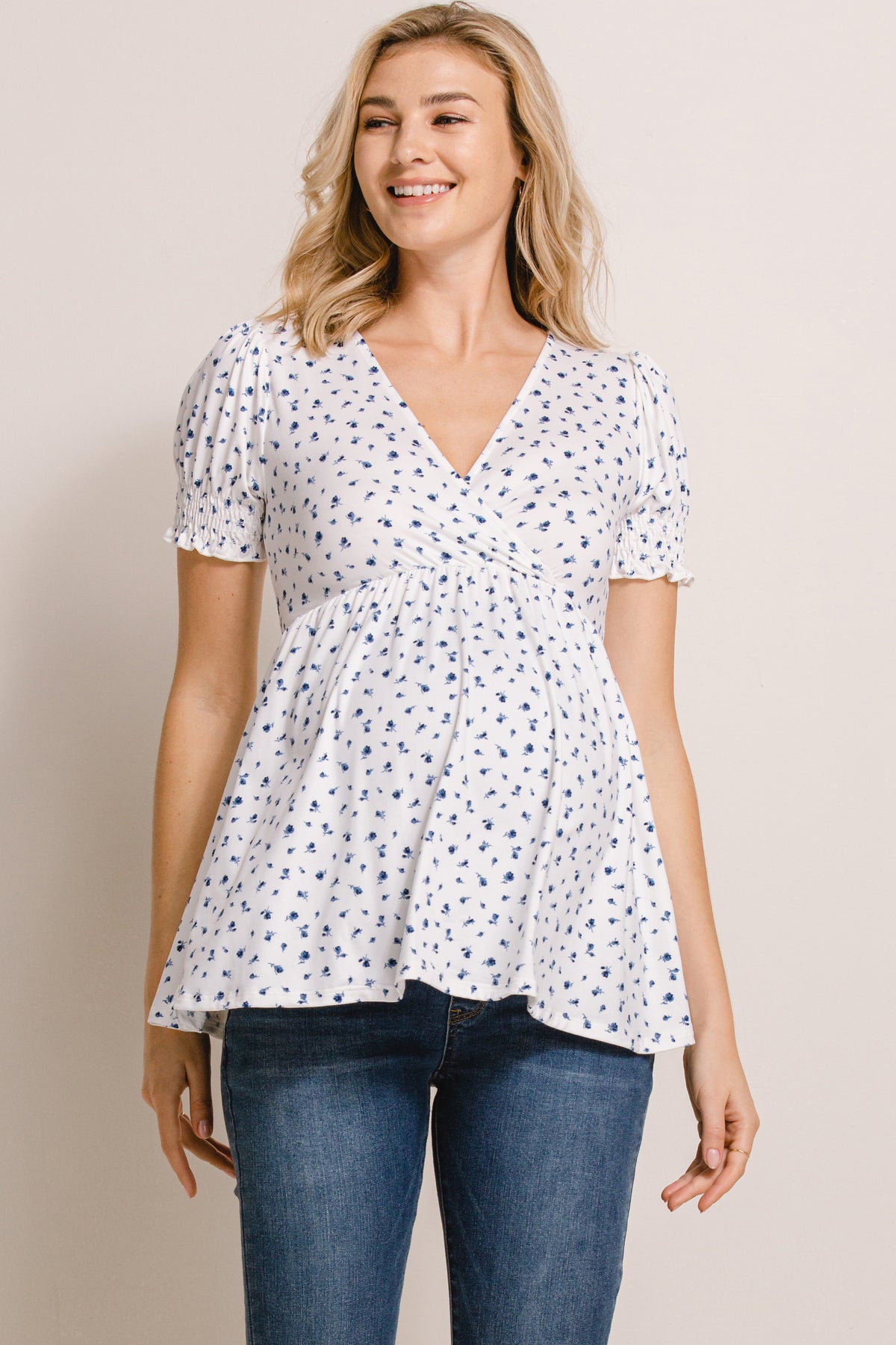 White Ditsy Floral V-Neck Wrapped Maternity/Nursing Top