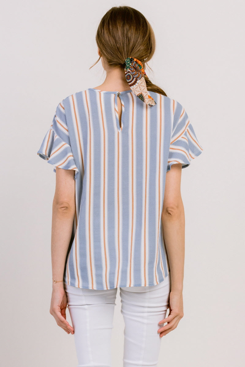 Blue Striped Ruffle Sleeve Keyhole Back Maternity Blouse