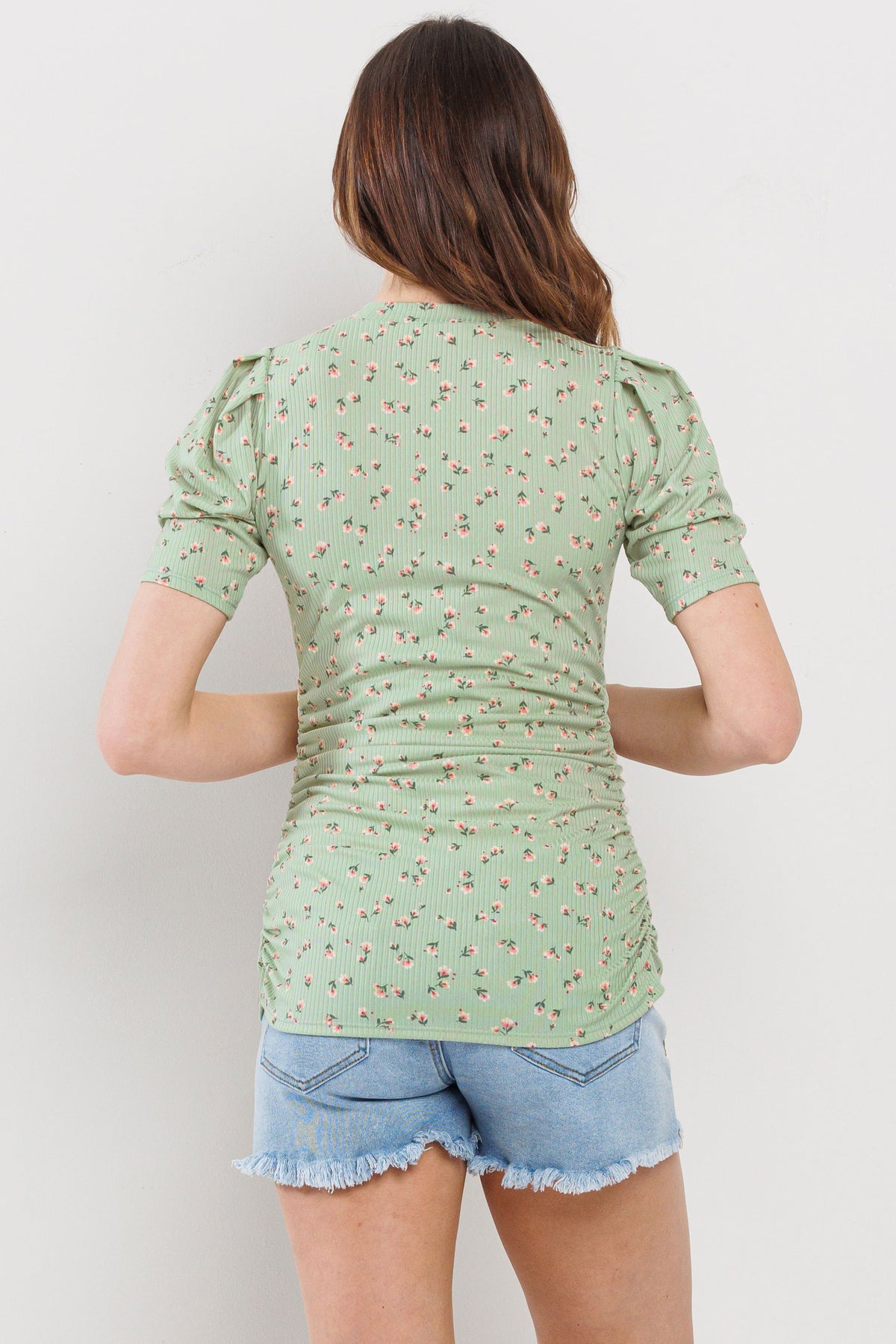 Sage Floral Puff Sleeve Ribbed Maternity Ruching Top