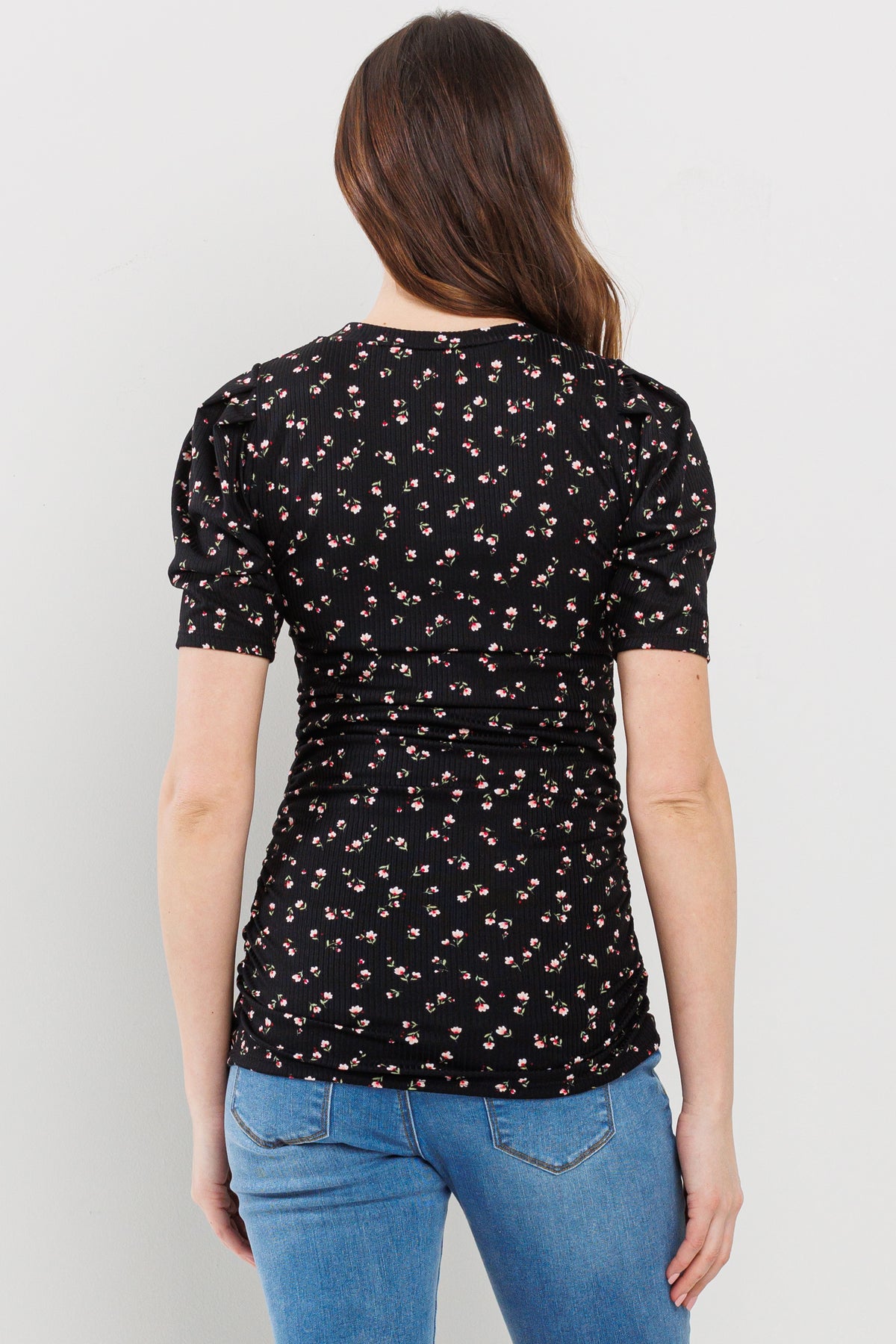Black Floral Puff Sleeve Ribbed Maternity Ruching Top