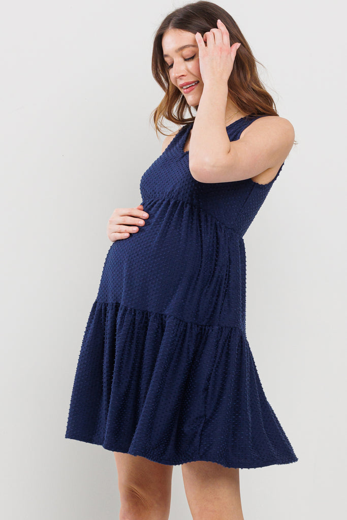 Navy Textured Polka Dot Maternity Mini Dress Side View