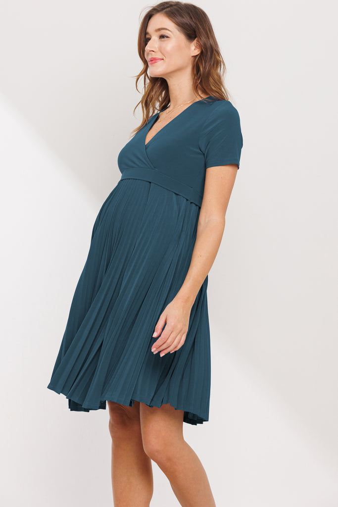 Teal Pleated V-Neck Short Sleeve Maternity Dress