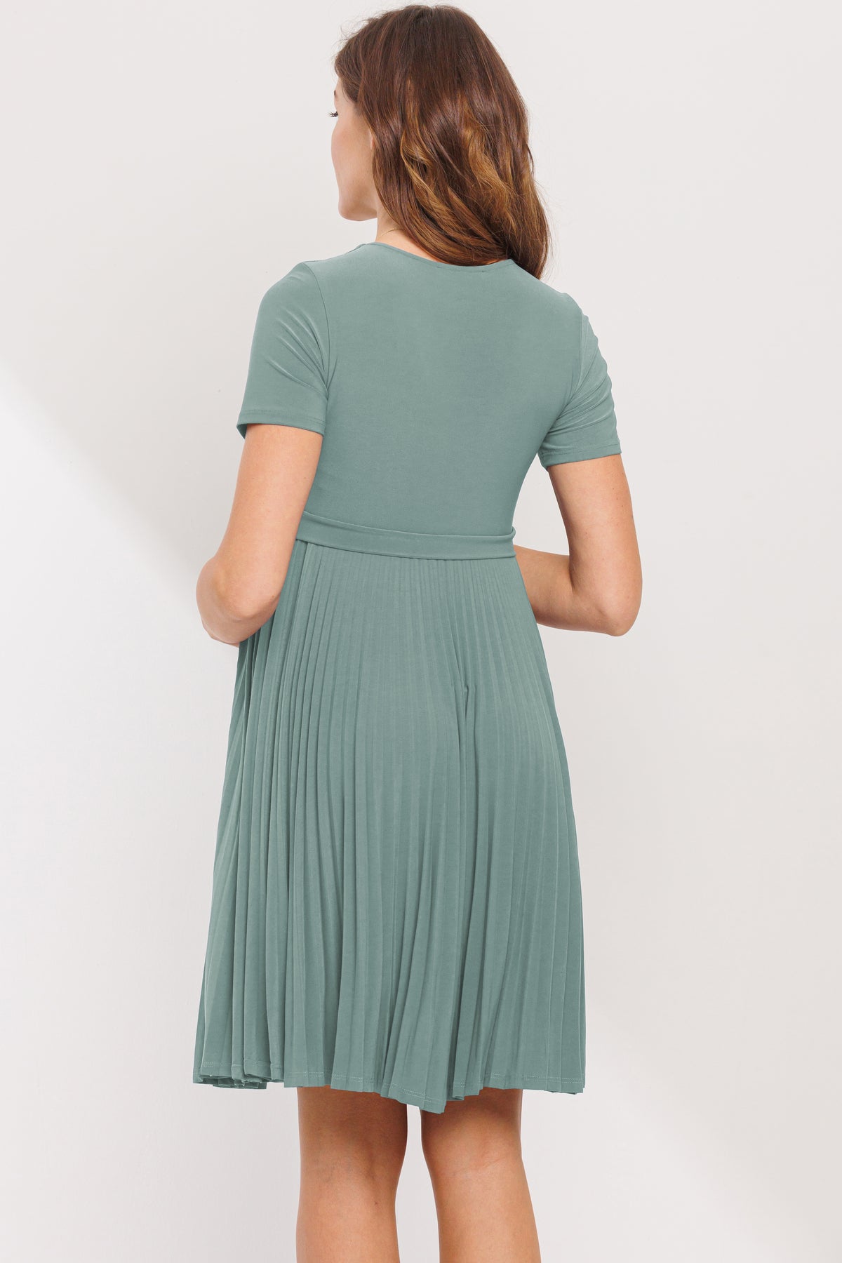 Sage Pleated V-Neck Short Sleeve Maternity Dress