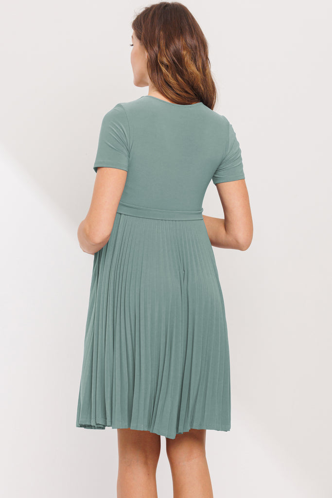 Sage Pleated V-Neck Short Sleeve Maternity Dress