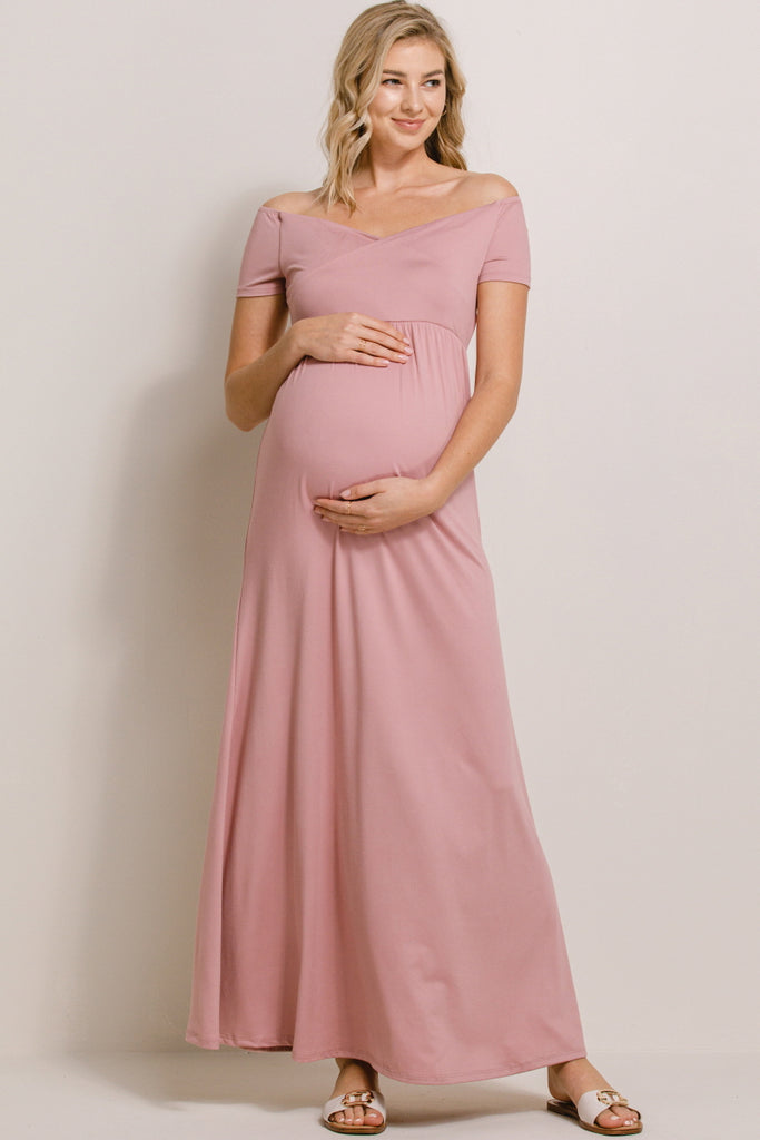Mauve Off Shoulder Surplice Maternity Maxi Dress