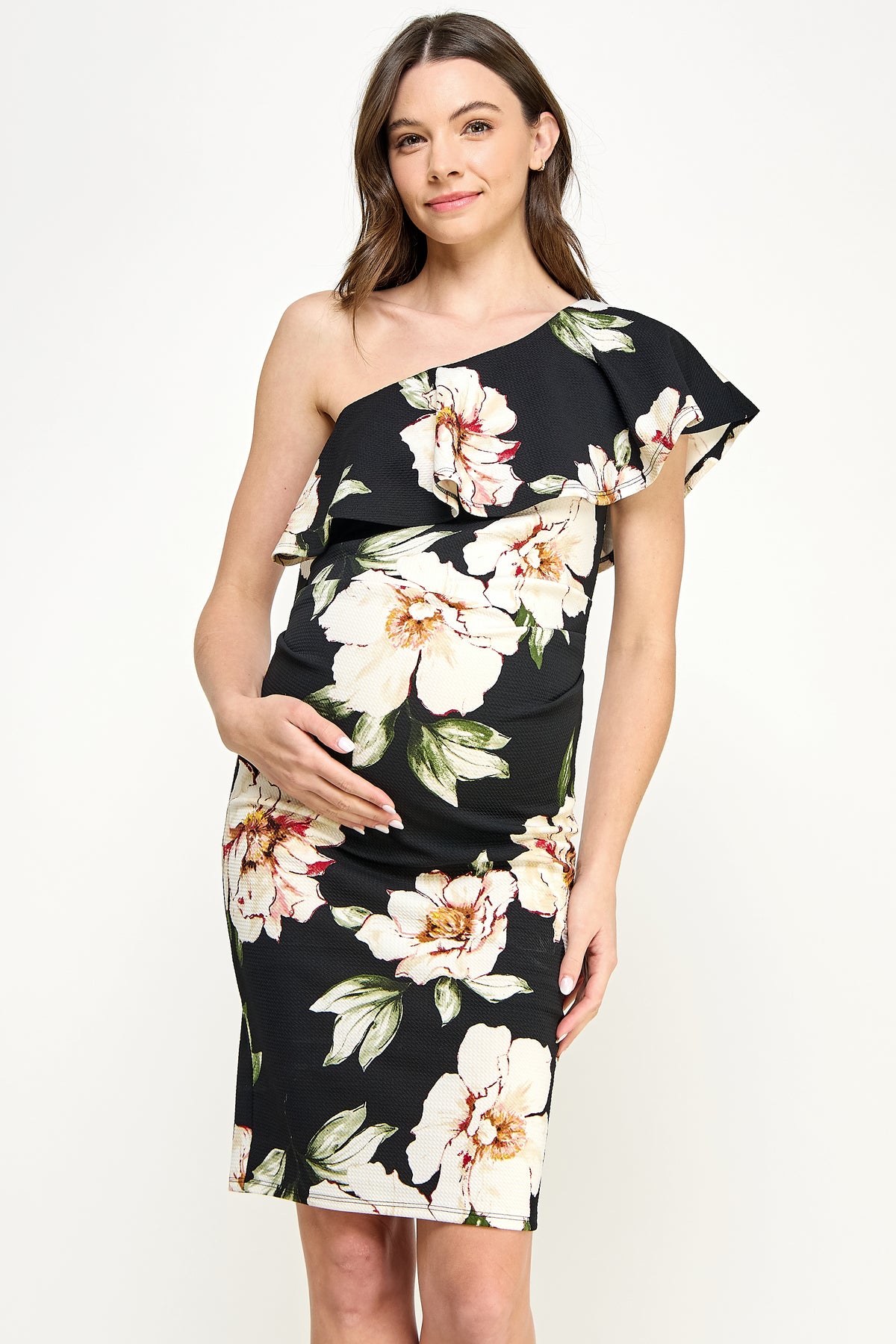 Black Ruffled One Shoulder Floral Maternity Dress