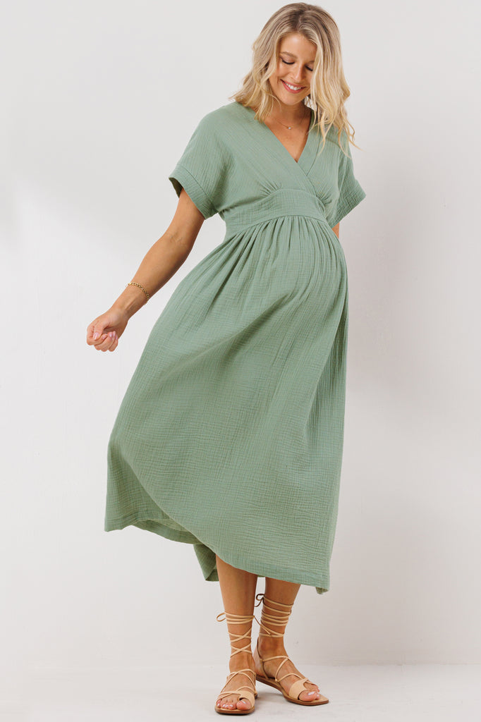 Sage Waist Tie Maternity/Nursing Wrap Dress