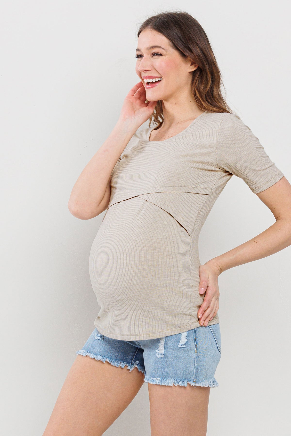 Oatmeal Ribbed Double Layered Bust Nursing Top Side View