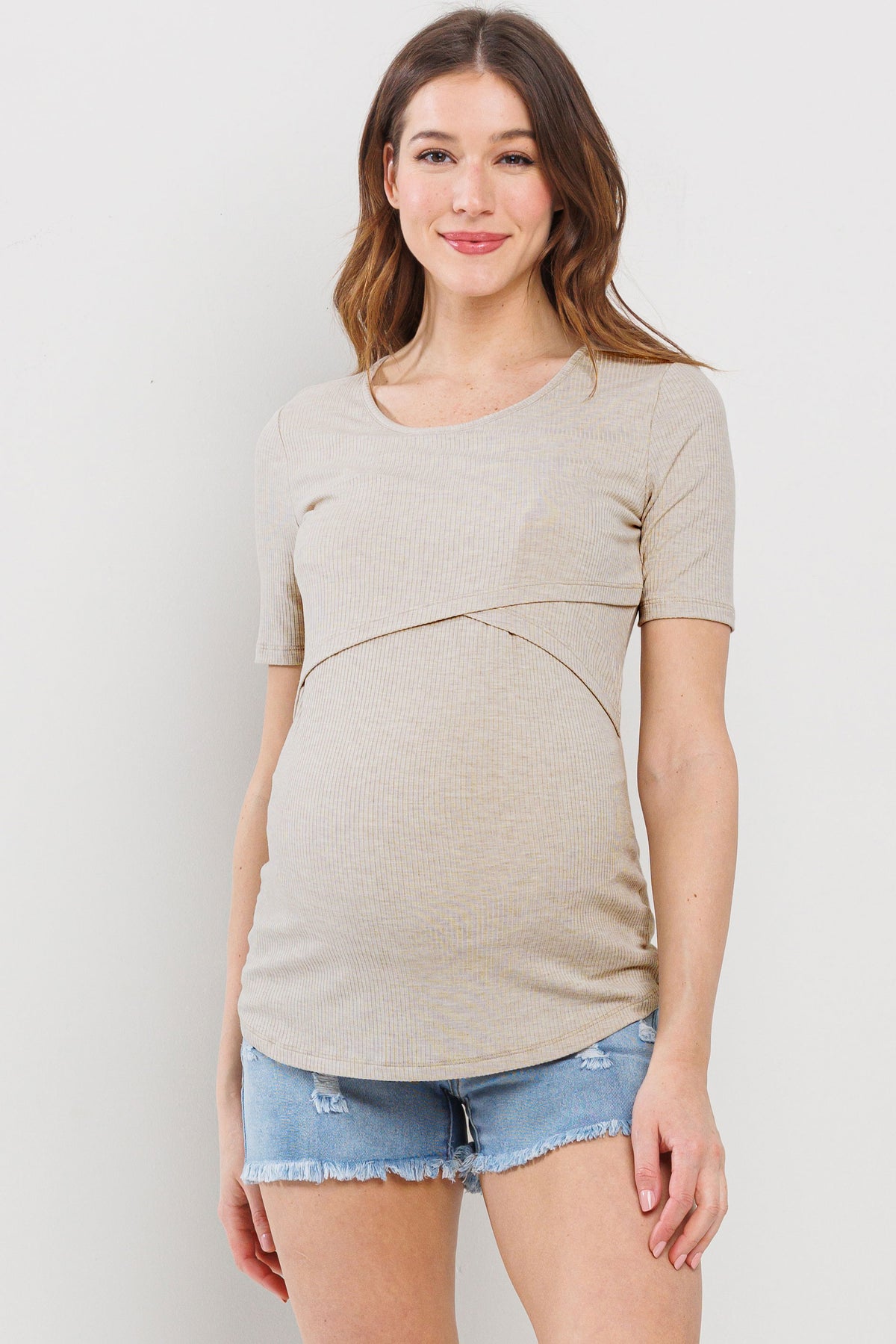 Oatmeal Ribbed Double Layered Bust Nursing Top Front View