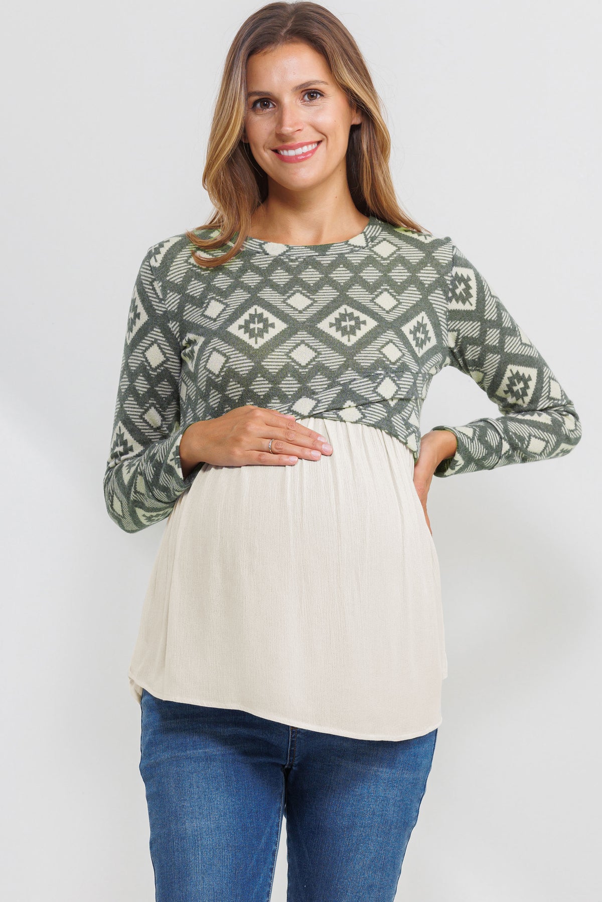 Sage Knit Pattern Color Block Maternity Tunic