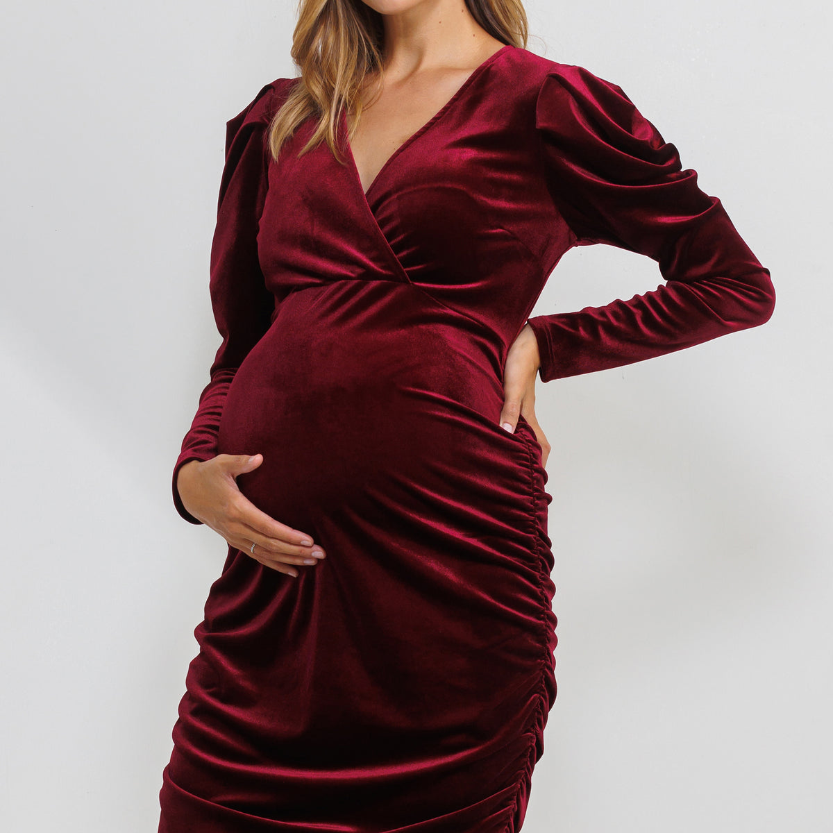 Burgundy Velvet Puff Sleeve Maternity Dress W/Ruched Sides