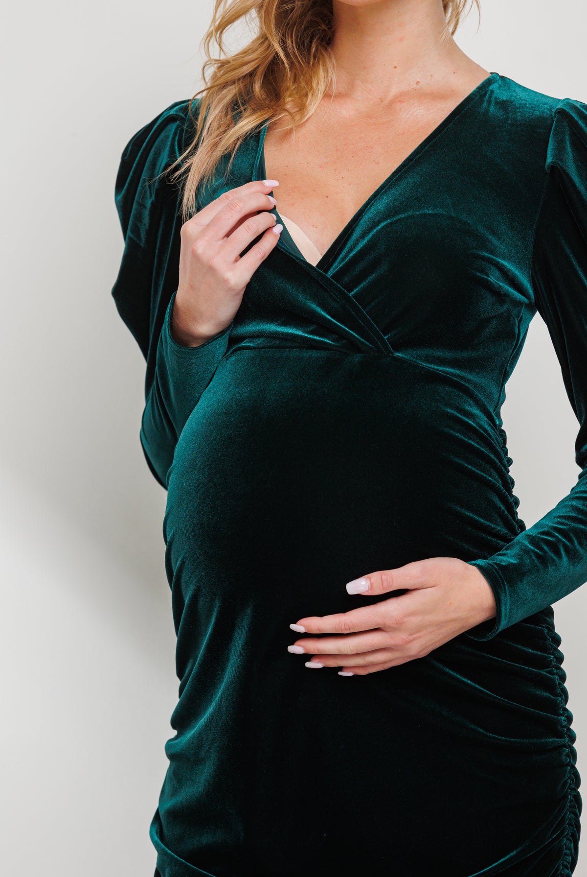 Hunter Green Velvet Puff Sleeve Maternity Dress W/Ruched Sides