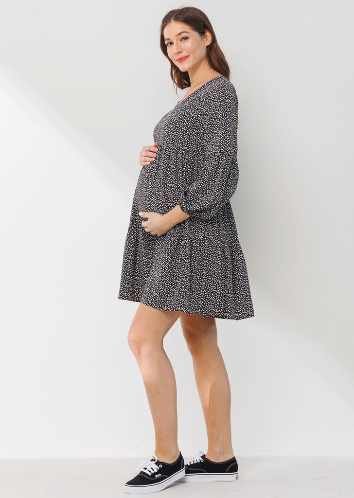 Black Peasant-Sleeve Babydoll Maternity Mini Dress