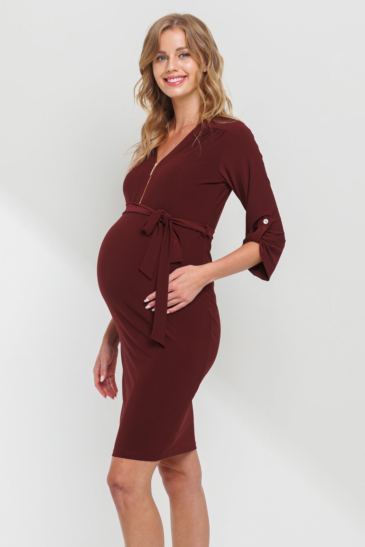 Burgundy 3/4 Adjustable Sleeve Zip Up Maternity Dress