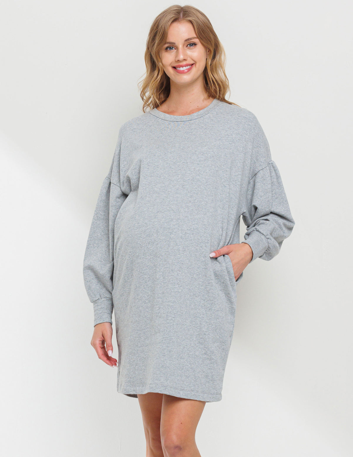 Heather Grey Crew Neck Maternity Sweater Dress w/ Pockets