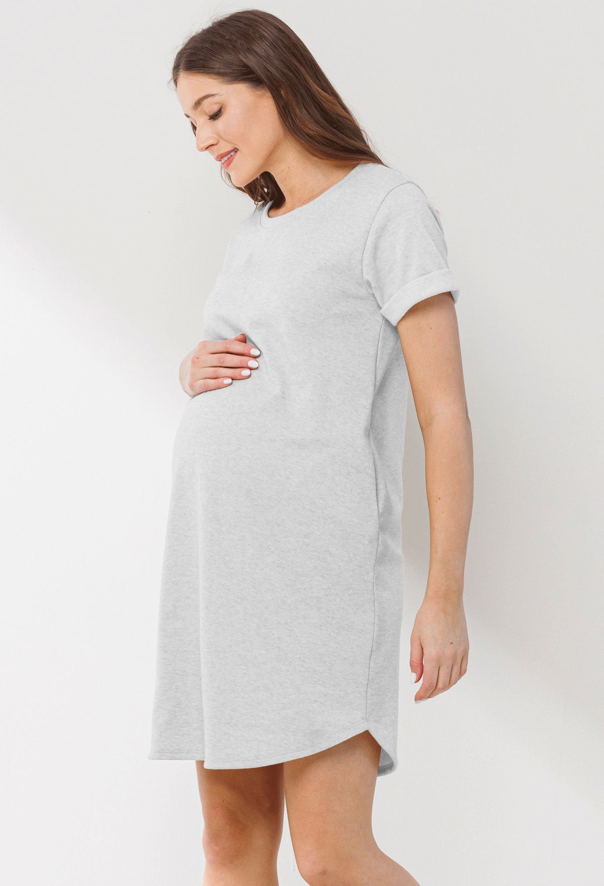 Heather Grey Crew Neck T-Shirt Maternity Dress with Pockets Side