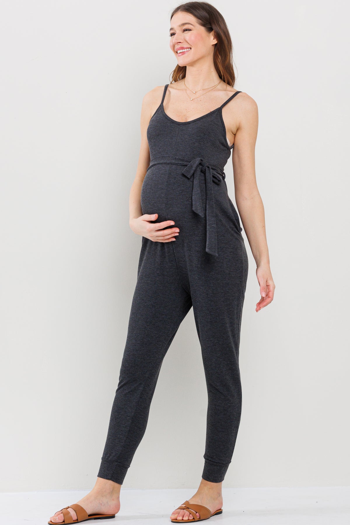 Charcoal Sleeveless Belted Maternity Jumpsuit