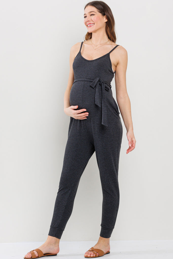 Charcoal Sleeveless Belted Maternity Jumpsuit