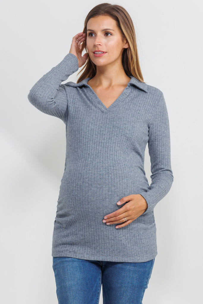 Denim Rib Knit Collared V-Neck Maternity Top