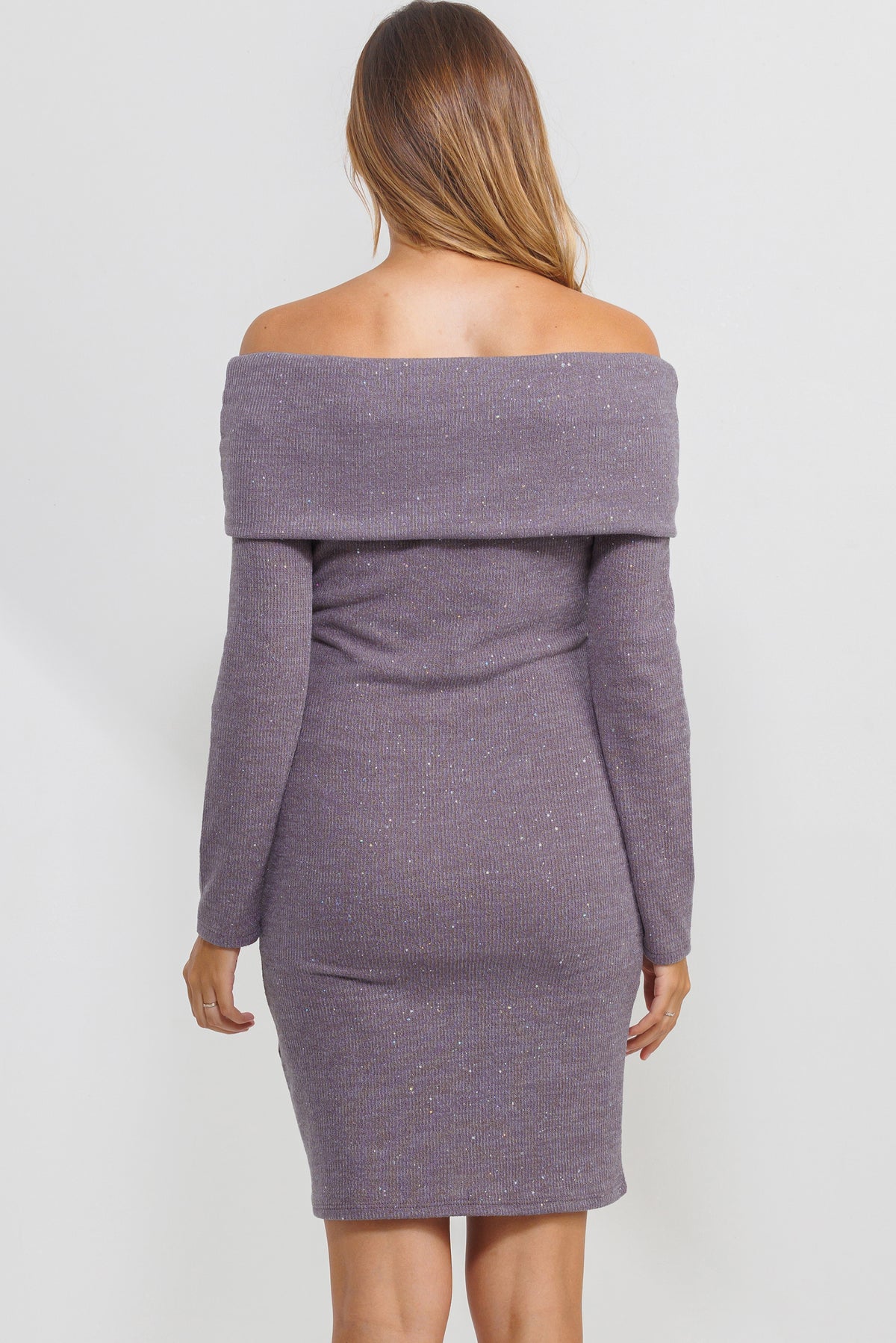 Mauve Off Shoulder Sequin-Glitter Maternity Dress