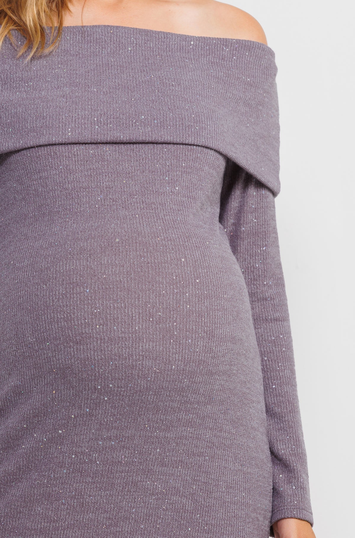 Mauve Off Shoulder Sequin-Glitter Maternity Dress