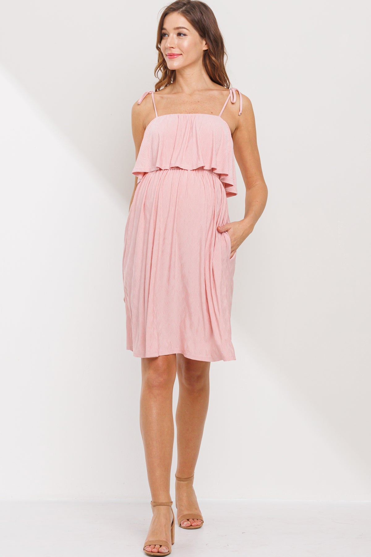 Peach Double Layer Ruffle Adjustable Strap Maternity Mini Dress