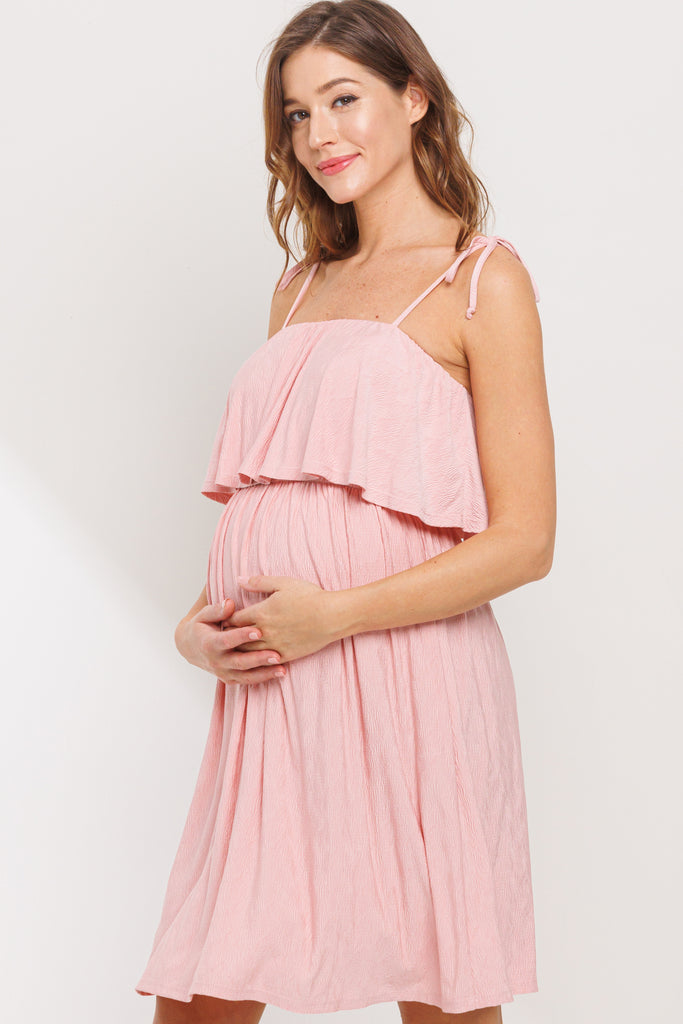 Peach Double Layer Ruffle Adjustable Strap Maternity Mini Dress