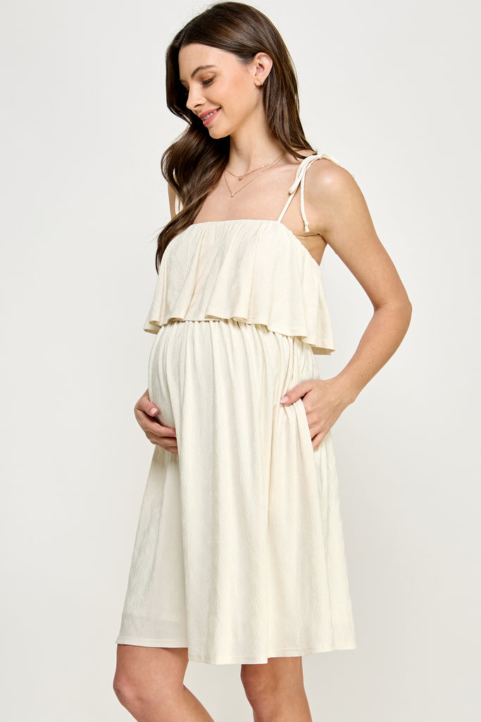 Ivory Double Layer Ruffle Adjustable Strap Maternity Mini Dress