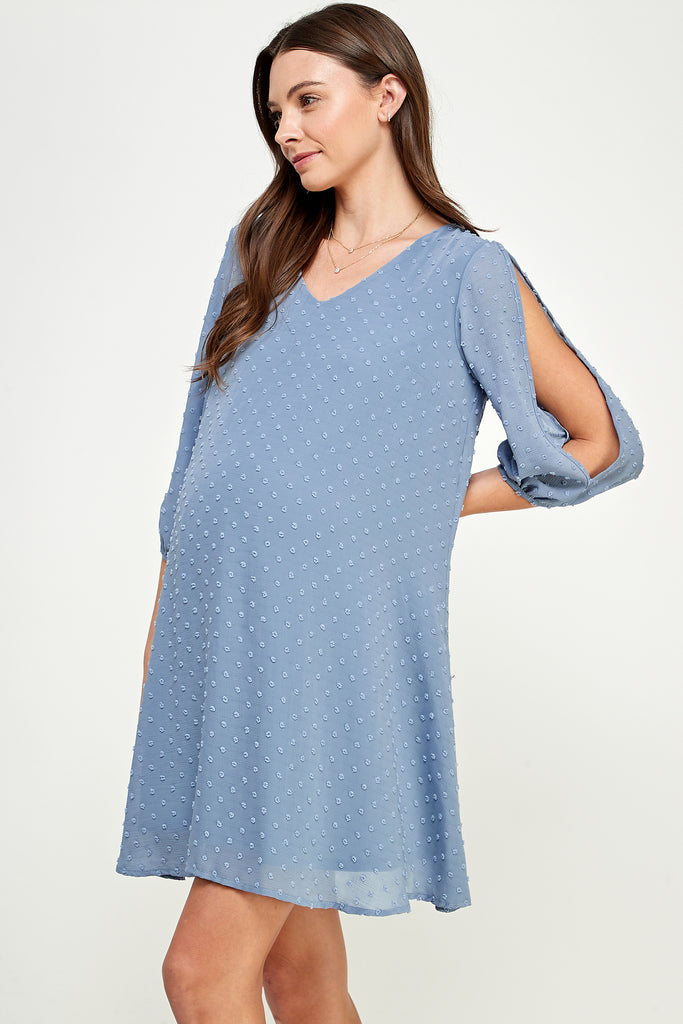 Chambray Cold Shoulder Swiss Dot Maternity Tunic Dress