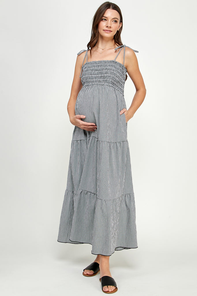 Black Smocking Top with Adjustable Tie Strap Maternity Dress