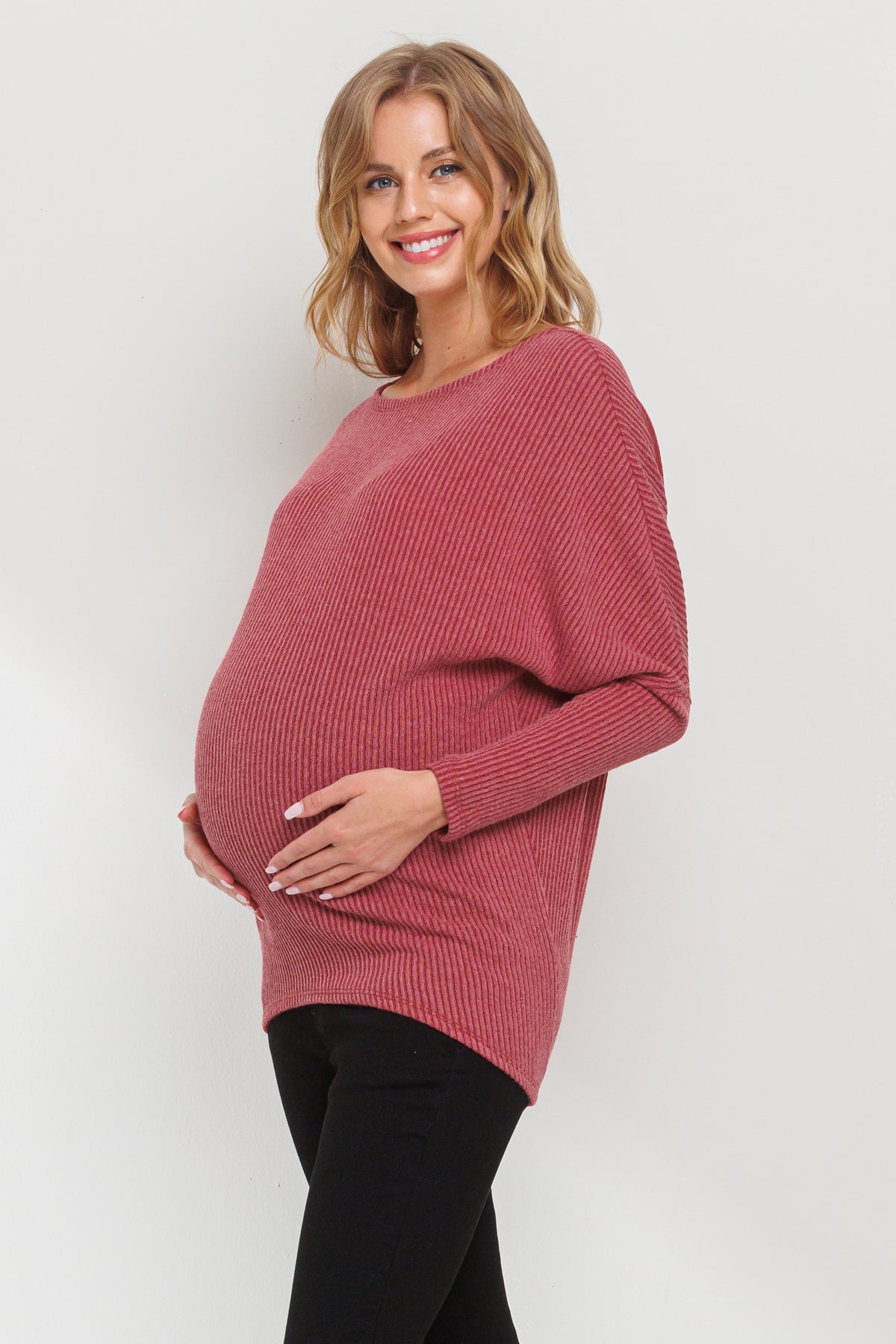 Red Rib Knit Boat Neck Dropped Shoulder Long Sleeve Maternity Top