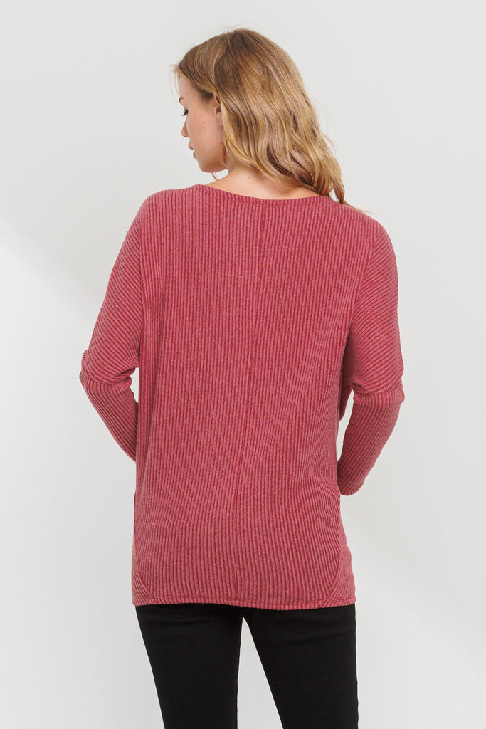 Red Rib Knit Boat Neck Dropped Shoulder Long Sleeve Maternity Top